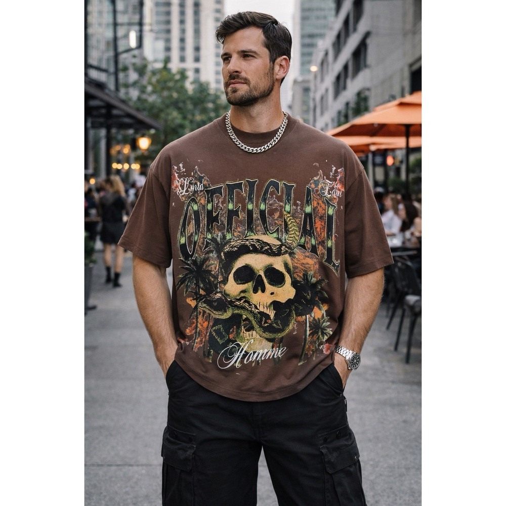 Boohoo Man Limited Edition Official Homme Skull & Snake Brown T-Shirt Medium